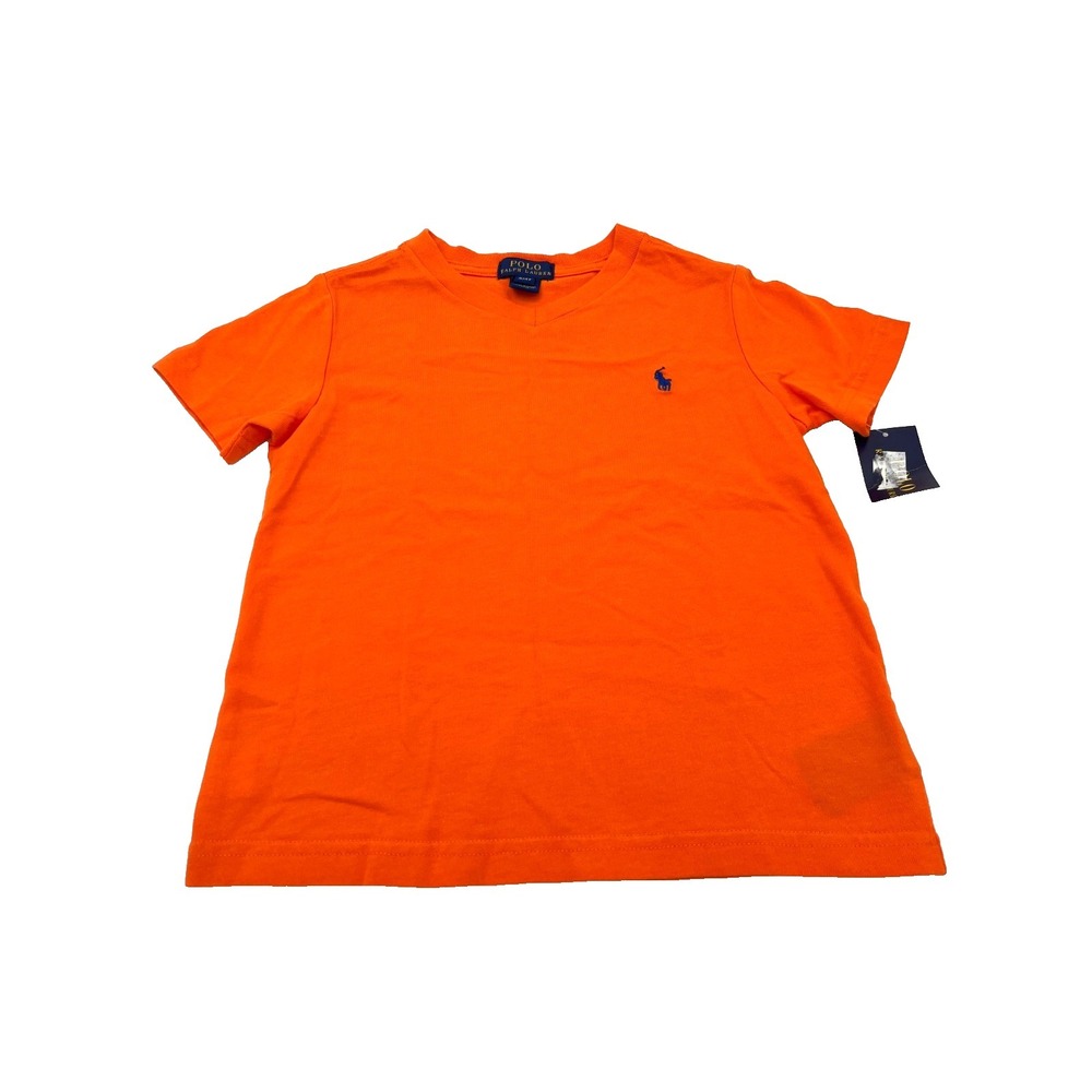 Polo Ralph Lauren Boys V-Neck T-Shirt‎ Top Classics 3 Orange Navy Blue Logo 4/4T